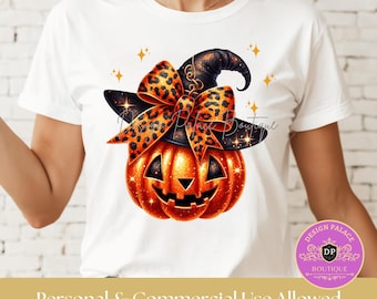 Witch Pumpkin Sublimation PNG: Leopard Bow Halloween Design (Digital Download)