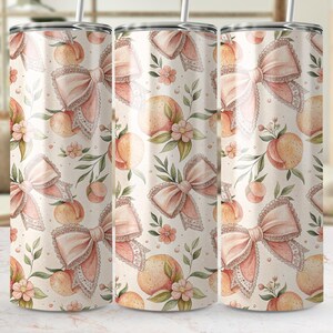 Peach Bow Tumbler Wrap PNG, Watercolor Floral 20oz Skinny Tumbler Design, Elegant Tumbler Sublimation, Cute Girl Tumbler Wrap Digital