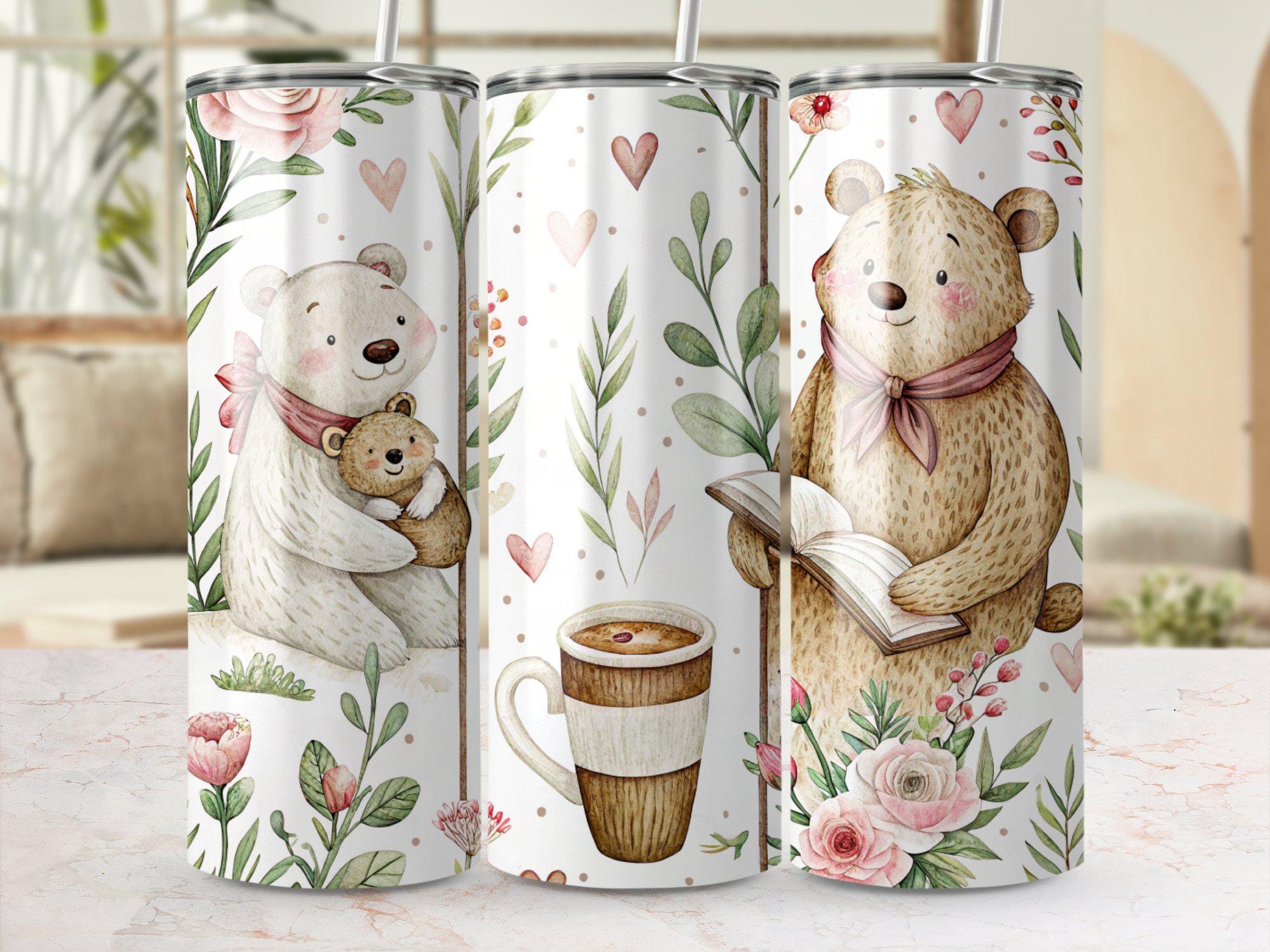 Cute Bear Family Floral 20oz Tumbler Wrap PNG, Adorable Bear with Coffee Cup Digital Download, Animal Lover Sublimation Design