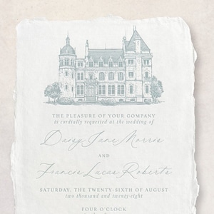 Tipografía hecha a mano Deckled Edge Tarjeta de papel de algodón Personalizado Grabado en relieve Lugar de la boda Ilustración Boceto Invitaciones de boda