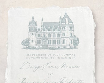 Letterpress Handmade Deckled Edge Cotton Paper Card Custom Personalised Debossed Wedding Venue Illustration Sketch Wedding Invitations