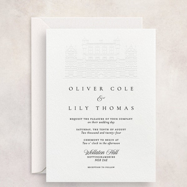 Luxus Letterpress Benutzerdefinierte personalisierte Hochzeit Ort Illustration Letterpress Hochzeitseinladungen
