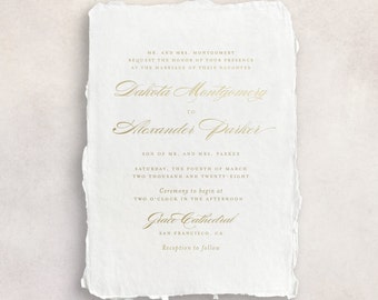 Classique élégant écriture traditionnelle feuille d'or chiffon de coton blanc fait main, bordé déchiré, carte en papier de coton, faire-part de mariage, invitations