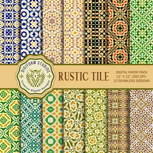 May include: A set of 12 digital paper designs featuring rustic tile patterns in various colors, including green, brown, yellow, and blue. The designs are seamless and perfect for crafting projects.