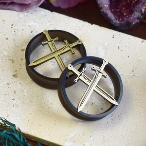 Ear Tunnels 20-100mm with Gothic Medieval Ritual Sword | Thin-wall Ear Tunnels Pair | 3D Print | Ear Plugs | MADE TO ORDER | 7 Colors