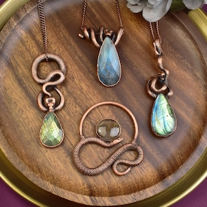 Copper Snake Pendant with Faceted Labradorite & Gold Rutilled Quartz Gemstone | Handmade Necklace | Serpent Jewelry | Mystical Jewelry