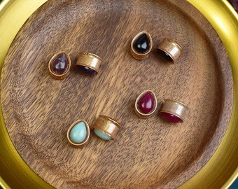 Resin Gold Teardrop Ear Plugs 14mm with Stone | Pair | Ear Tunnels | Gauge Earrings | Gauged Plugs | Stretching Body Jewelry | LAST CHANCE