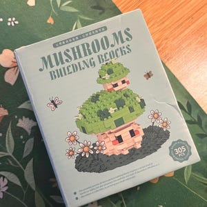 May include: A box of "Mushrooms Building Blocks" featuring a cartoon mushroom design. The box is light blue with a green mushroom illustration, butterflies, and flowers. The box contains 305 pieces.