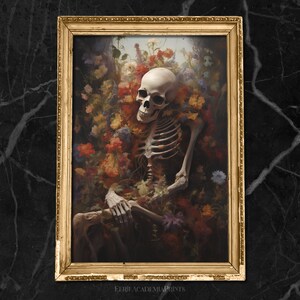 Poster romantico con scheletro floreale, Accademia oscura, Cottagecore scuro, parete della galleria, arredamento gotico, arte del teschio, design inquietante