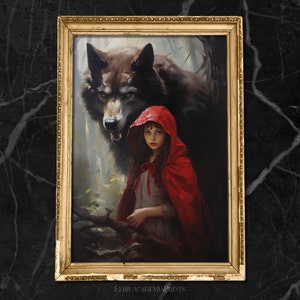 Little Red Riding Hood and the Big Bad Wolf Poster, Dark Cottagecore Art, Witchy Decor, Vintage Painting, Witch Room Decor