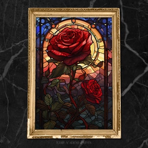 Diseño de carteles de vidrieras de rosas, Academia oscura, Decoración gótica, Romántico, Inspirado en la Bella y la Bestia