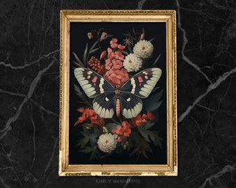 Botanical Moth Poster, Butterfly Art, Dark Academia, Dark Cottagecore, Gallery Wall, Gothic Decor, Goblincore, Eerie Design