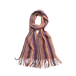 Cashmere Warp Knitted Scarf in Classic Multi Colour Stripes. Designed and Made in Inner Mongolia