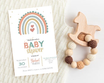 Rainbow Baby Shower Invitation, Gender Neutral Shower, Boho Baby Shower Invite, Printable Invite, Instant Download, Editable Canva Template