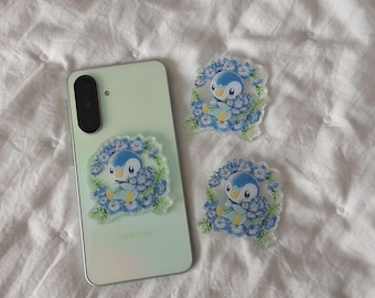 Kawaii Penguin Flores Azules Acrílico Transparente Diseño Poke Accesorio para Teléfono, Accesorio Anime Diseños de Personajes Metálicos