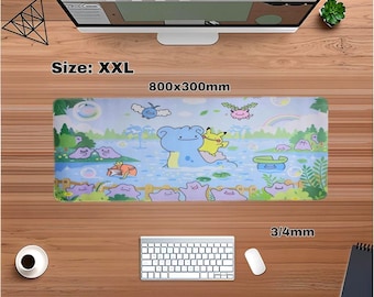 Alfombrilla de escritorio con diseño de anime Ditto/Lapras - Tamaño XXL 800 x 300 x 3/4 mm, doble capa de goma, lavable a máquina