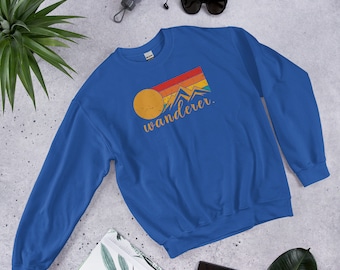 Vintage Retro Wanderer Sweatshirt | Berg Sonnenuntergang Pullover | Fernweh Shirt | Pullover für den Herbst | Geschenk für Outdoor-Liebhaber