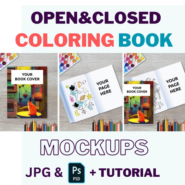 Open and Closed Coloring Book Mockup, KDP Mockup, PSD, JPG + Tutorial, 8.5x11 inch, Desk, Watercolors, Color pencils, Photoshop Smart Object