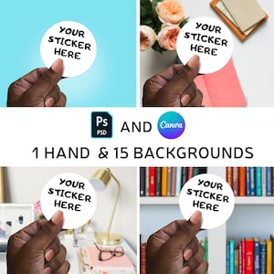 May include: Mockup of a hand holding a white circle sticker with the text "YOUR STICKER HERE" in black. The sticker is shown against four different backgrounds: a light blue wall, a pink and white notebook, a desk with a lamp, and a bookshelf.