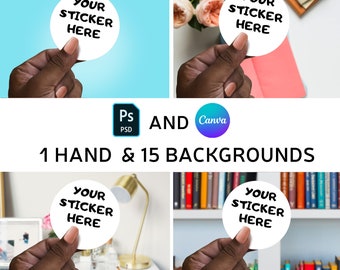 Black Hand Sticker Mockup 15 Backgrounds, Canva, Photoshop PSD, Smart Object, Black Female Hand, Brown Hand, Video Tutorial, Custom Stickers