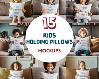 15 Kids Holding Throw Pillow Mockups, Kid-Themed Decorative Pillows Mockups, JPG Files, Video Tutorial, White Square Sublimation Pillows