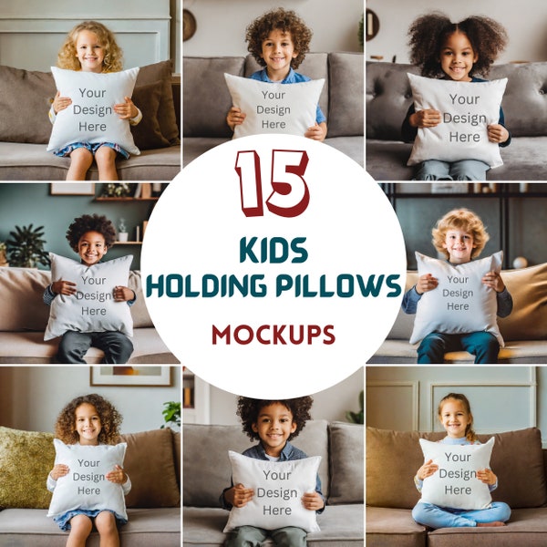15 Kids Holding Throw Pillow Mockups, Kid-Themed Decorative Pillows Mockups, JPG Files, Video Tutorial, White Square Sublimation Pillows