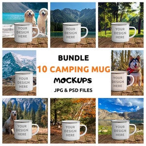 Camping Mug Mockup Bundle + Tutorials, PSD&JPG files, Photoshop Smart Object, White Enamel, 12oz Metal Camp Mug, Mountains, Nature and Dogs