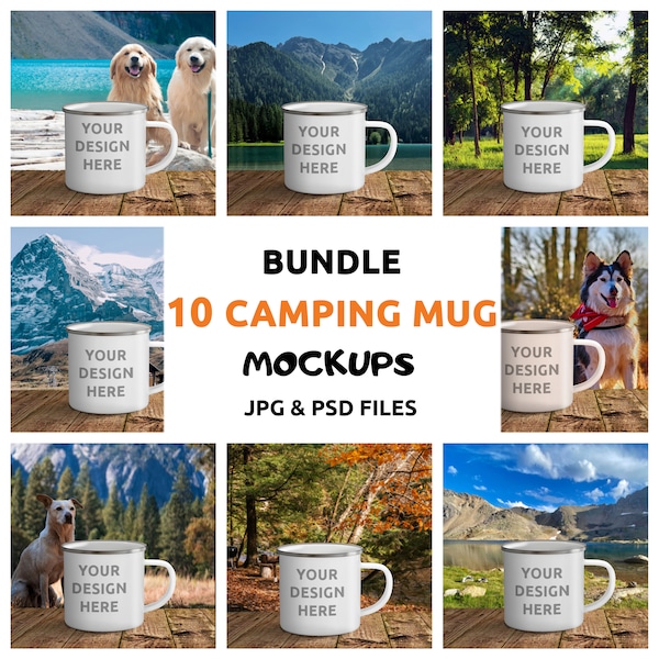 Camping Mug Mockup Bundle + Tutorials, PSD&JPG files, Photoshop Smart Object, White Enamel, 12oz Metal Camp Mug, Mountains, Nature and Dogs