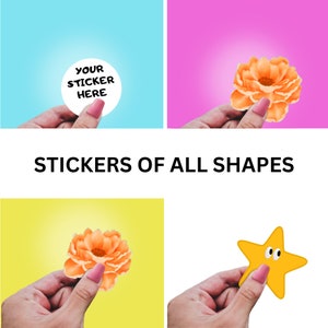 May include: Four different stickers, including a round sticker with the text "YOUR STICKER HERE", a yellow star with googly eyes, and two orange flower stickers.