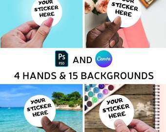Sticker Mockup Bundle - 4 Hands, 15 Backgrounds, Canva, Photoshop PSD, Smart Object, Black and White Hands, Video Tutorial, Custom Stickers