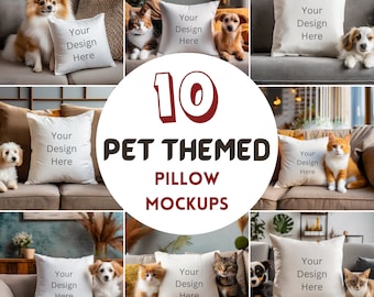 10 Throw Pillow Mockups with Cats & Dogs, Pet-Themed Decorative Pillows Mockups, JPG Files, Video Tutorial, White Square Sublimation Pillows