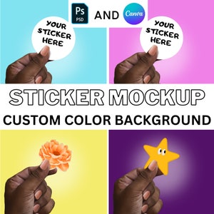 Black Hand Sticker Mockup Custom Color Background, Canva, Photoshop PSD, Smart Object, Female Hand, Brown Hand, Fingers Holding Sticker