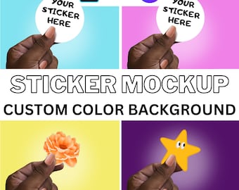 Black Hand Sticker Mockup Custom Color Background, Canva, Photoshop PSD, Smart Object, Female Hand, Brown Hand, Fingers Holding Sticker