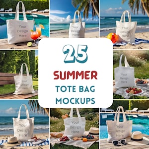 25 weiße Einkaufstaschen-Modelle, Sommer-Thema, Baumwoll-Einkaufstasche Mockup Bundle, Printize Sublimationstasche, Canvas Taschen Mockup, natürliche Einkaufstasche