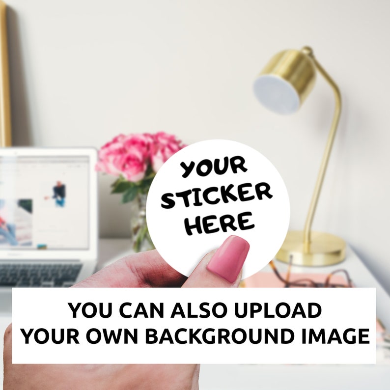 May include: A white round sticker with black text that says "YOUR STICKER HERE". The sticker is being held by a hand against a white background.