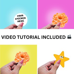 May include: Four different stickers on colorful backgrounds. The stickers are a white circle with the text "YOUR STICKER HERE", a peach-colored flower, a peach-colored flower, and a yellow star with googly eyes.