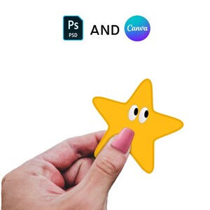 May include: A yellow star-shaped sticker with googly eyes and a surprised expression. The sticker is being held by a hand.