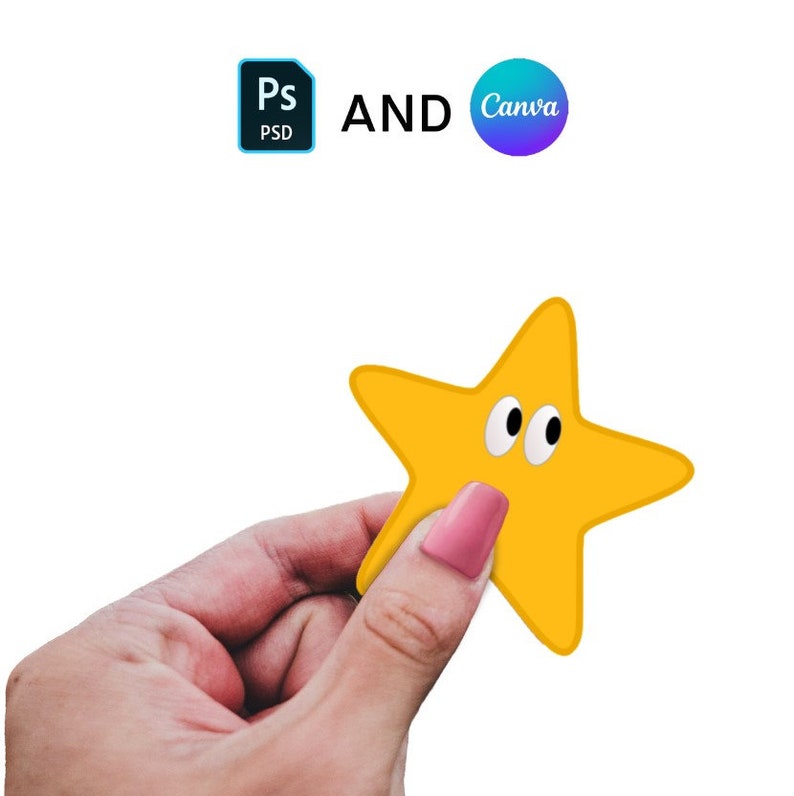 May include: A yellow star-shaped sticker with googly eyes and a surprised expression. The sticker is being held by a hand.