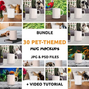 以下が含まれることがあります： JPGとPSDファイルで構成された、ペットをテーマにしたマグカップのモックアップ30個のバンドルと、ビデオチュートリアル。モックアップには、猫、犬、鳥、魚、ウサギなど、さまざまなペットが、さまざまな設定で登場します。