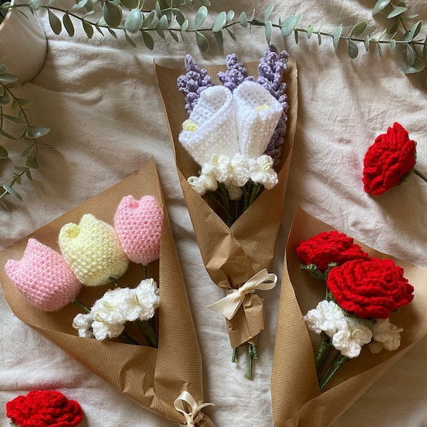 bouquet fleur crochet, roses, tulipe, lavande, cadeau fait main personnalisé déco mariage, Saint Valentin