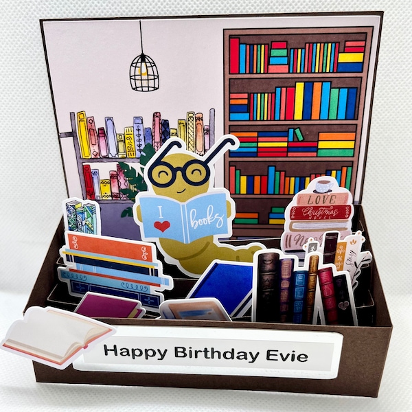 Book themed pop up card- personalised (Library, book lover, book worm)