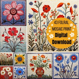 Könnte beinhalten: Ein digitaler Download von 43 floralen Mosaikdrucken. Das Bild zeigt eine Collage aus neun verschiedenen Mosaikblumenmustern, darunter Sonnenblumen, Mohnblumen und Glockenblumen. Die Designs sind alle in einer lebendigen Farbpalette gehalten und weisen komplizierte Details auf.