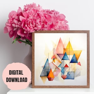 Puede incluir: Una pintura de acuarela de formas geométricas abstractas en tonos de azul, amarillo, rojo y rosa. Las formas se superponen y se superponen, creando una sensación de profundidad y movimiento. La pintura está enmarcada en un marco de madera marrón.