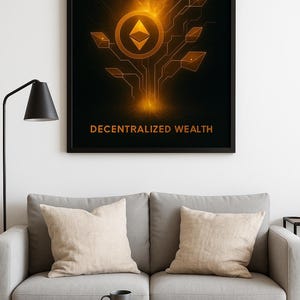 May include: Framed artwork featuring a glowing Ethereum symbol and network design on a black background. The text "DECENTRALIZED WEALTH" is displayed in orange. The artwork is hanging above a gray sofa with beige pillows, a black coffee table, and a black lamp.