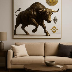 May include: A framed artwork depicting a bronze bull in a charging pose. The artwork includes a gold Bitcoin coin, an Ethereum symbol, and a Binance logo. The artwork hangs above a beige sofa with decorative cushions and a round coffee table.