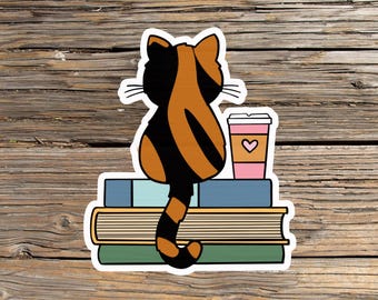 Bookish Calico Cat Vinyl Sticker – Coffee and Books, Laptop Decal