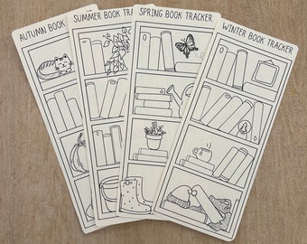 Seasonal Bookshelf Book Tracking Bookmark, Book Tracker, Reading Log, Set of 4 Seasonal Black and White Designs, Read, Log, and Color Titles