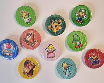 Mini Mario and Friends (Updated) | Medium Size (1.45" / 37 mm) | Button Pins & Magnets