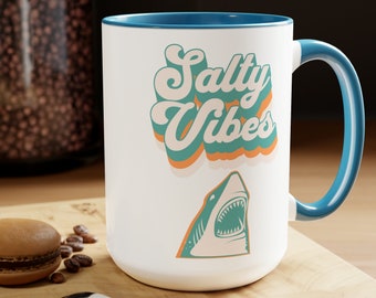 Shark Salty Vibes Large 15oz Two-Tone Coffee Mugs, Beach Ocean Lover Coffee Mugs, Fish Lover Mugs, Retro Style Beach Vibes Mug, Coffee Lover