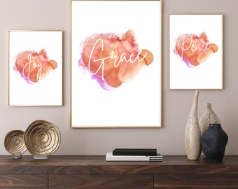 Joy Grace Peace | Word Art | Blush | Watercolor | Art Prints | Set of 3 | Perfect Gallery Wall | Digital Art | Minimalist